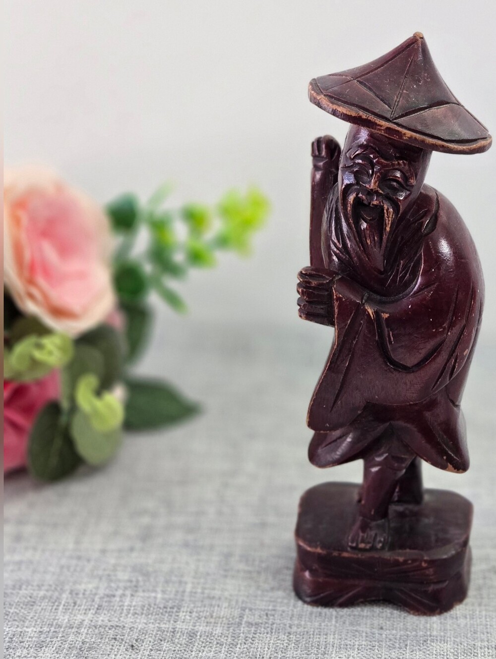 Vintage Wooden Carving Asian Figurine Man 8.25" Tall